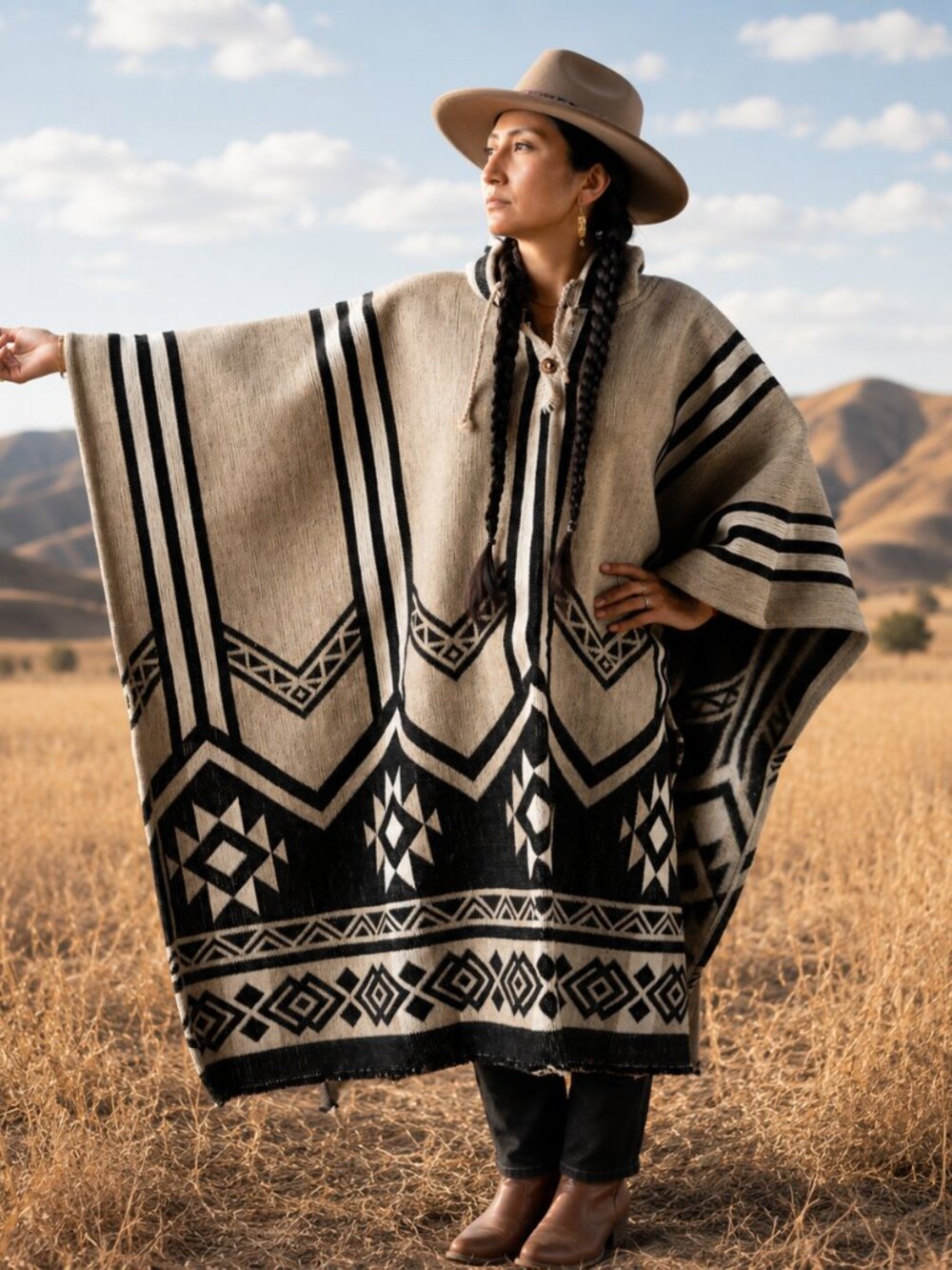 Handwoven Native American Hooded Wool Poncho - 100% Highland Wool Pullover Coat